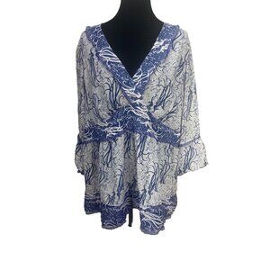 Madison Studio‎ Blouse Blue and White Plunge Neck Bell Sleeves Size 22W